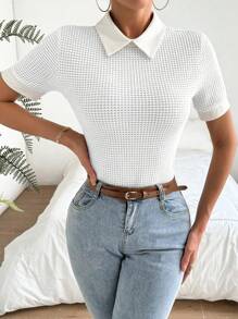 Chiquease 女士撞色领短袖修身优雅迷人时尚温柔 T 恤 - 白色 - 查看 3