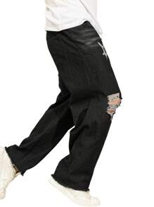 Manfinity Roughcore Lässige Jeans für Herren im Used-Look mit Buchstabenstickereien Große Größen