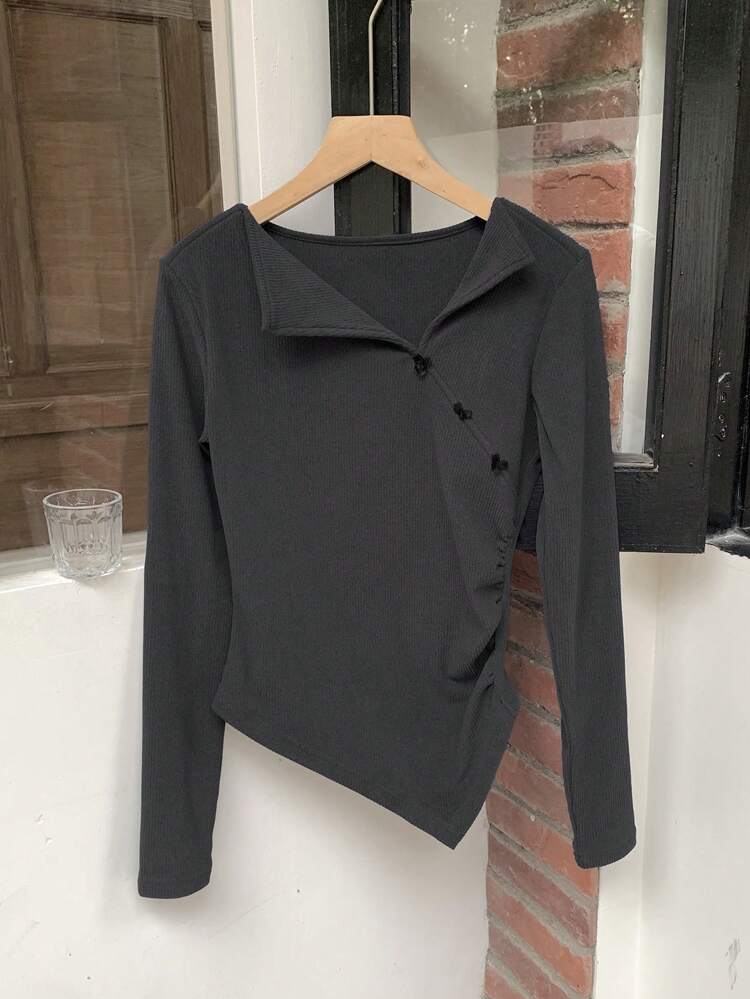 Women's Asymmetrical Neck Bow Decor Slim Fit Long Sleeve T-Shirt, Fall Tee,Back To School Clothes