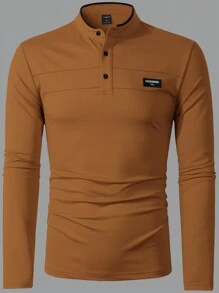 Manfinity Homme 男士春夏字母印花长袖休闲 Polo 衫 - 棕色 - 查看 4