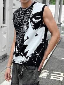 Manfinity Roghcode 男士时尚蜘蛛网图案针织毛衣背心，春秋骷髅毛衣 - 黑與白 - 查看 8