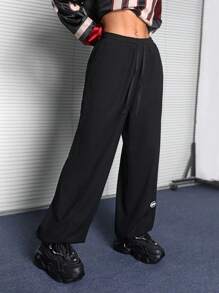 SHEIN EZwear 女式秋季街头休闲复古针织罗纹针织微绒纹理舒适长裤 - 黑色 - 查看 4