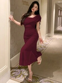 DAZY 夏季优雅纯色露肩短袖连衣裙，适合婚礼宾客、舞会、晚宴等场合，优雅连衣裙，红色女士婚礼礼服，嘉年华鸡尾酒会礼服 - 酒紅色 - 查看 4