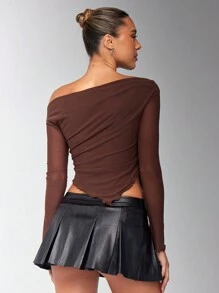 SHEIN BAE 纯棕色不对称下摆褶饰不对称肩部网眼针织长袖上衣，秋季女式上衣，露肩上衣 - 咖啡棕 - 查看 2