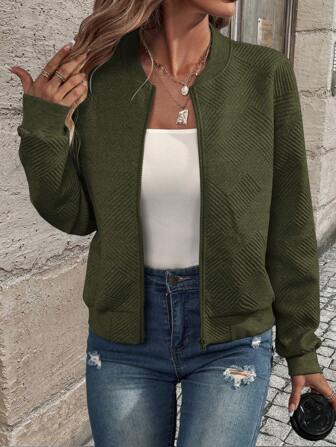 EMERY ROSE Women's Solid Color Long Sleeve Loose Casual Baseball Jacket, Autumn & Winter Fall Cloth For Women