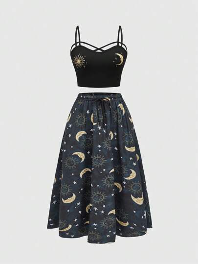 2pcs/Set Plus Size Women Gothic Plant Print Sleeveless Elastic Waist Skirt And Tank Top Resort Outfit