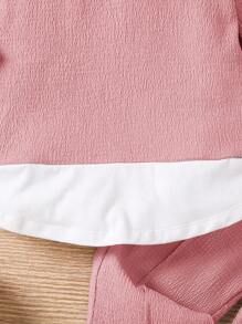 SHEIN Leap Crew 2 件套年轻女孩休闲针织拼布圆领长袖衬衫和长裤套装 - 粉色 - 查看 8