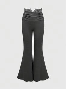 ROMWE Kawaii Women's Ballet Style Ruffle Trim Flare Leg Pants - Dark Grey - View 1