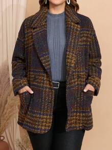 EMERY ROSE Plus Size Women's Plaid Lapel Thermal Long Sleeve Knitted Coat, Fall/Winter