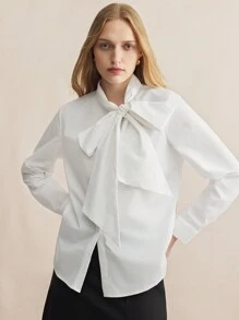 BizChic 女士优雅通勤领带蝴蝶结衬衫办公室白衬衫宽松衬衫工作衬衫 - 白色 - 查看 5