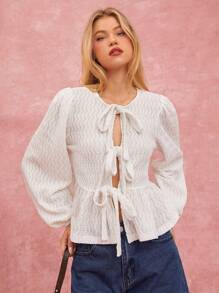 Women's Round Neck Long Sleeve Tie Front Casual Fashion Blouse - Pink - View 1