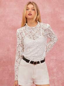 Enchnt Ensemble chemise à col montant transparent et débardeur pour femmes - Beige - Voir 1