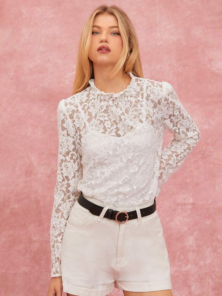 Women's Solid Sheer Stand Collar Long Sleeve Shirt + Camisole Set