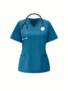 TaskEZ V 领纯色短袖上衣和休闲裤制服套装、手术服套装