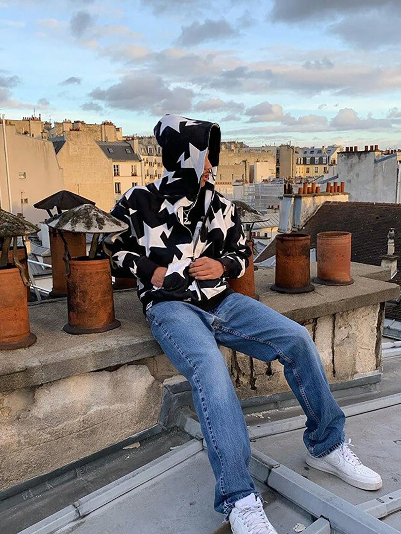 Manfinity Dauomo Men's Plus Size Star Print Zipper Front Hoodie Sweatshirt, Autumn Winter