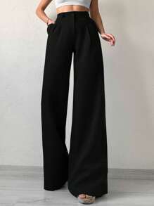 SHEIN Tall Women's Solid Color Wide Leg Suit Pants - Black - View 1
