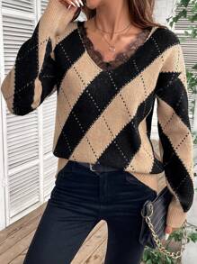 SHEIN LUNE Contrast Lace Colorblock V-Neck Sweater, Knit Pullover Fall Winter - Multicolor - View 1