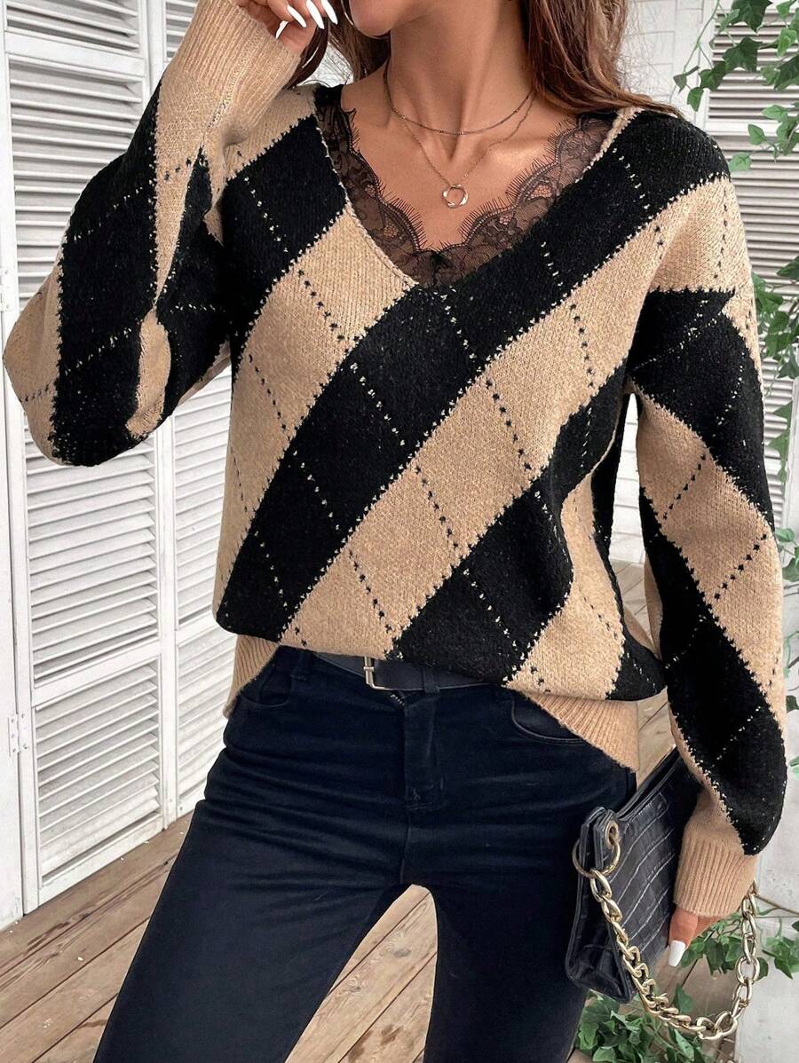 SHEIN LUNE Contrast Lace Colorblock V-Neck Sweater, Knit Pullover Fall Winter - Multicolor - View 1