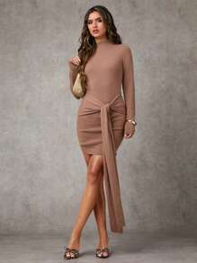 SHEIN BAE 女士纯色休闲系腰长袖连衣裙返校节连衣裙短款秋季女装冬季女装冬季女装秋季女式毛衣栗色连衣裙毛衣连衣裙女士毛衣连衣裙秋季女装秋季毛衣优雅女装连衣裙 - 卡其色 - 查看 6