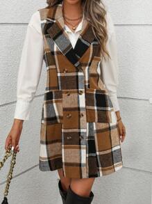 SHEIN Clasi Fashionable & Elegant Sleeveless Cinched Waist Plaid Blazer For Work