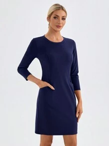 TaskEZ Vestido de trabajo casual con cuello redondo, mangas de 3/4 y dos bolsillos, unicolor para mujer
