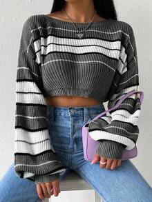 SHEIN Unity 女式超大圆领条纹落肩长袖短款毛衣，秋冬 - 灰色 - 查看 6