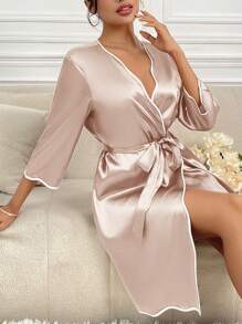 Moireta 女士V领撞色滚边系腰长袍，奢华家居服，秋冬款 - 香檳色 - 查看 5