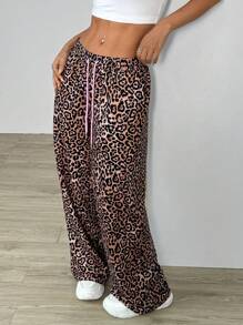 SHEIN Unity Leopard Print Splice Low-Waisted Elastic Waist Sweatpants - Multicolor - View 3