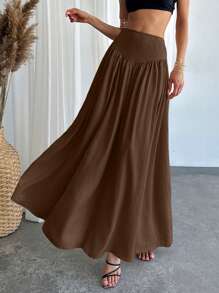 Firerie Women's Ruched High Waist A-Line Elegant Genuine Pocket Skirt - Brown - View 3