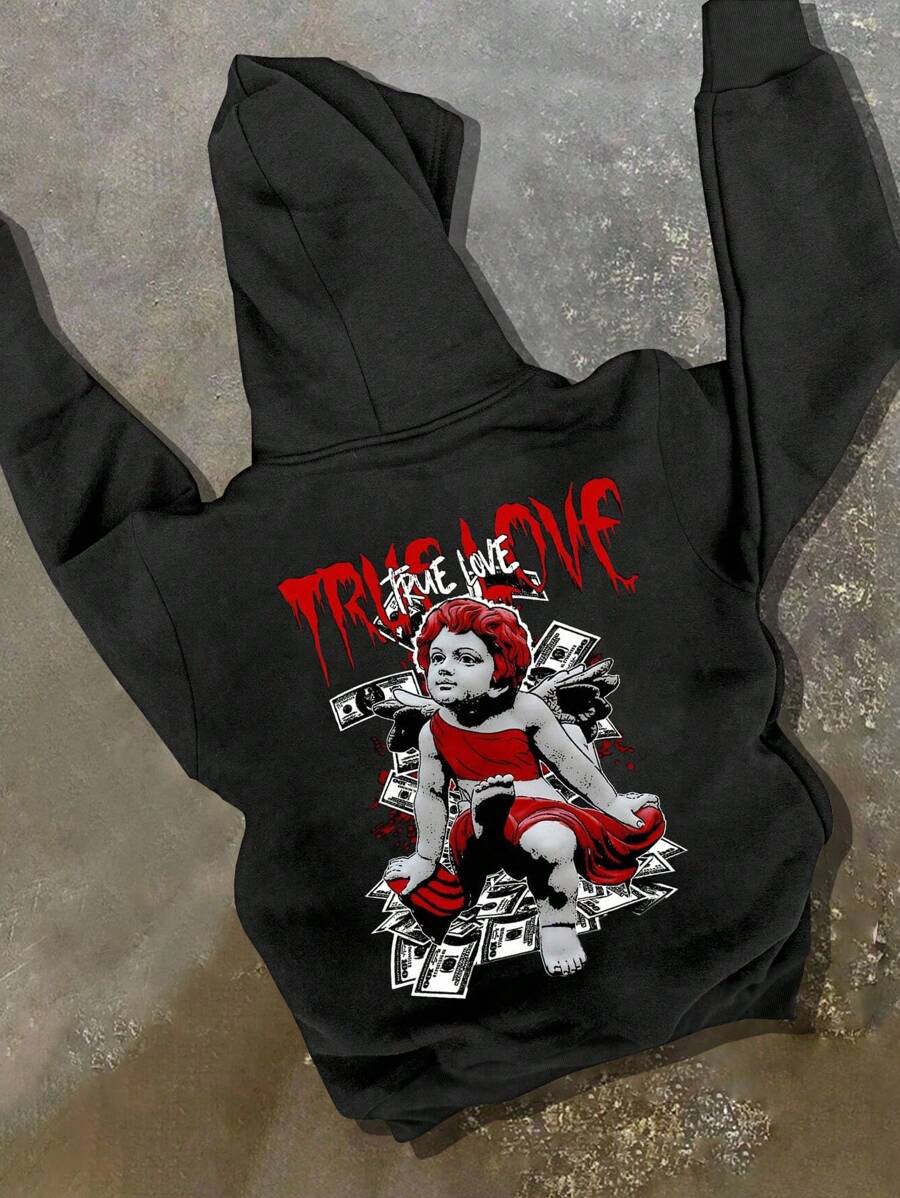 Manfinity EMRG 男士加大码字母印花抽绳连帽衫，休闲时尚套头衫 - 黑色 - 查看 1