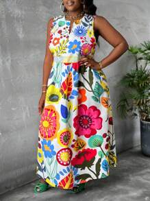 Slaydiva 大码印花无袖宽松 A 字形女式连衣裙，休闲度假 - 彩色 - 查看 6