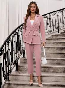 SHEIN Clasi Ladies Elegant Lotus Root Pink Drawstring Waist Blazer & Matching Trousers Suit Fall Clothes Office Wear Women Set Fall Sets Office Wear Women Set Women Pants Suit - Dusty Pink - View 6