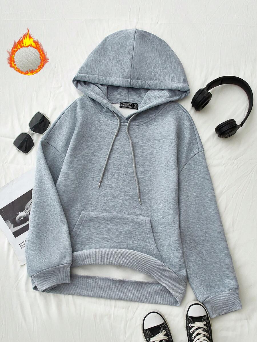 Chiquease Solid Color Pullover Hoodie With Drawstring Pouch Pocket & Thermal Lined For Women Fall - Grey - View 1