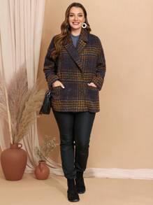 EMERY ROSE Plus Size Women's Plaid Lapel Thermal Long Sleeve Knitted Coat, Fall/Winter