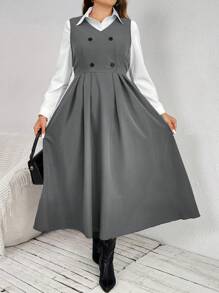 SHEIN Essnce 大码秋冬吊带双排扣中长褶皱连衣裙 - 灰色 - 查看 5