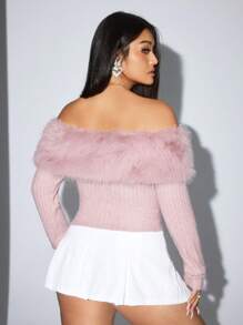 SHEIN ICON Plus Áo khoác hở vai viền lông ngắn màu hồng, cho mùa đông - Hồng - Xem 6