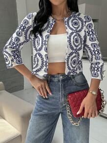 SHEIN Essnce Women's Casual Fashion Old Money Style Open Front Crop Three-Quarter Sleeves Jacket Work Women Jacket Teacher Outfits Teacher Jacket Fall Women Clothes Business Women Clothes Full Print Cropped Jacket Fall Women Jackets - Blue and White - View 3
