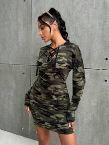 SHEIN Essnce 女式春夏长袖孔眼系带口袋修身迷你连衣裙 - 彩色 - 查看 7