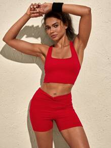 VARSITIE Halter Tank Top And Twisted Shorts Seamless Women Sports Sets - Red - View 7