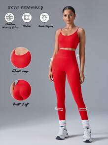 VARSITIE เซตเสื้อกล้ามคอตัดและกางเกงเลกกิ้งเอวสูงสำหรับผู้หญิง - สีแดง - ดู 7