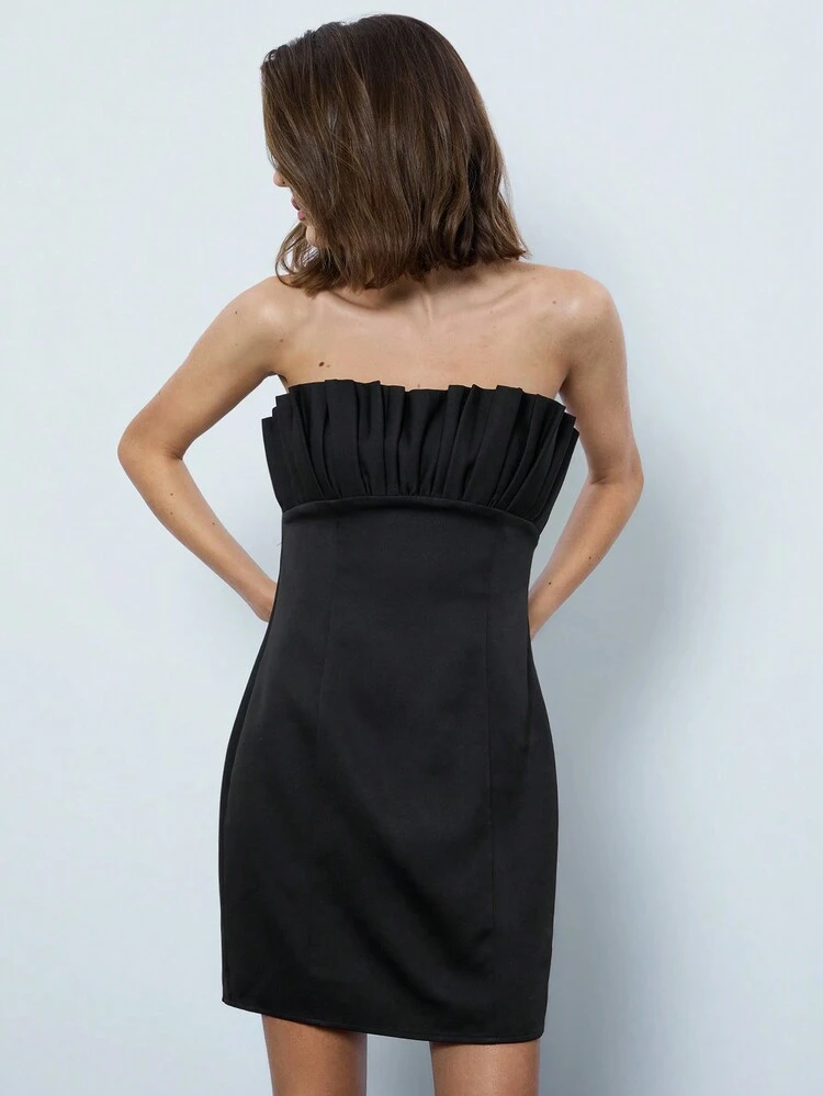 SHEIN Maija Women Summer Solid Color Pleated Bandeau Elegant Short Dress Peplum Top