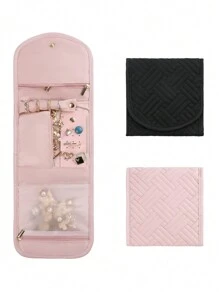 1 pieza Bolsa plegable de almacenamiento de joyas, organizador de estuche de joyas para viaje para aretes, collares, anillos, pulseras, broches, rosa, bolsa de maquillaje, organizador de joyas portátil, accesorio de viaje esencial, negro, rosa en talla M/L