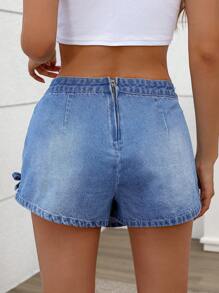 SHEIN Essnce Women Distressed Criss-Cross Denim Shorts - Medium Wash - View 2