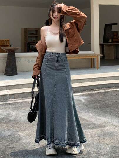 DAZY Women's Extra Long Maxi Denim Skirt With Fringe Hem Y2k Jeans Skirt