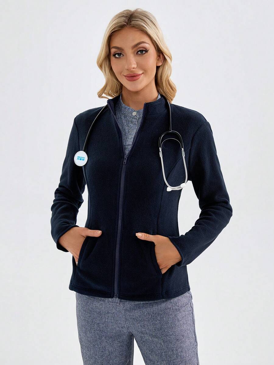 TaskEZ Plain Zipper Front Long Sleeve Pocket Uniform Scrub Jacket - Navy Blue - View 1