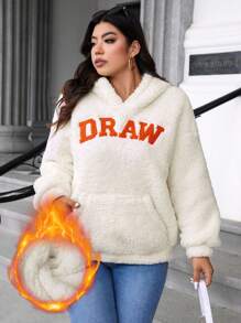 Calvaya Plus Size Long Sleeve Hooded Sweatshirt With Letter Print And Pocket, Casual Daily Wear Pullover Fall Outfit