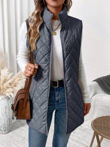 SHEIN Clasi Plus Size Casual Quilted Zip-Up Padded Coat, Suitable For Winter Fall Autumn - Dusty Blue - View 5