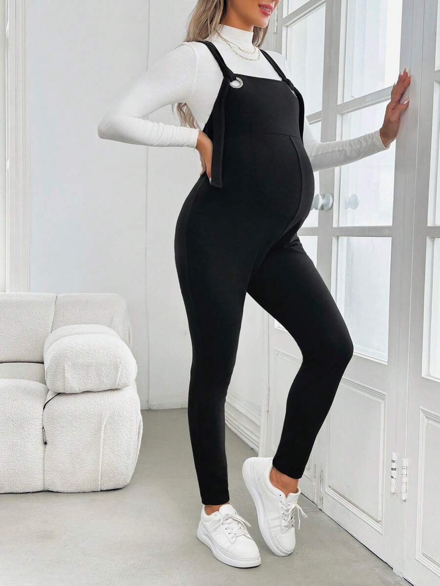 SHEIN Maternity Knitted Jumpsuit With Tie Up, Slim Fit Pregnancy Overalls - Black - View 1