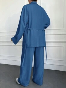 EURMUSE Beige Two Pieces Sets - Blue - View 2
