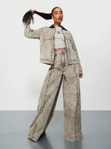 SUMWON WOMEN 带灯芯绒领子的洗水拉链实用夹克 - 卡其色 - 查看 4